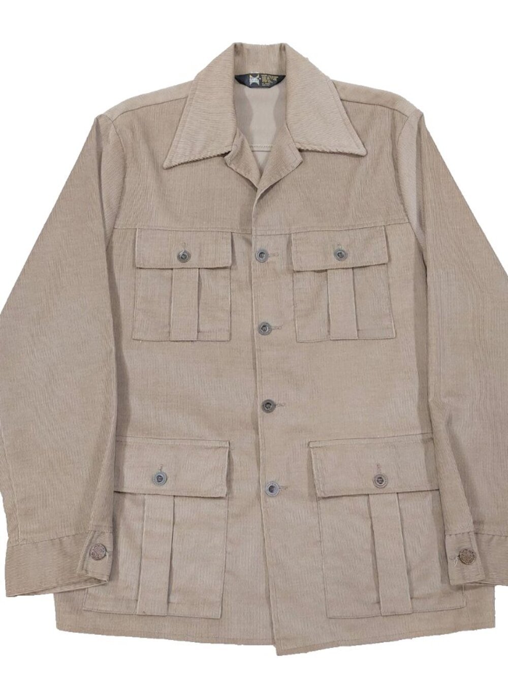 Vintage 70s Corduroy Safari Field Shirt Bush Jacket Mens L, Button Front Beige